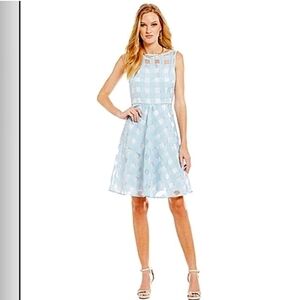 𝅺Katherine Kelly Sleeveless Light Blue Windowpane Organza Fit and Flare Dress 8